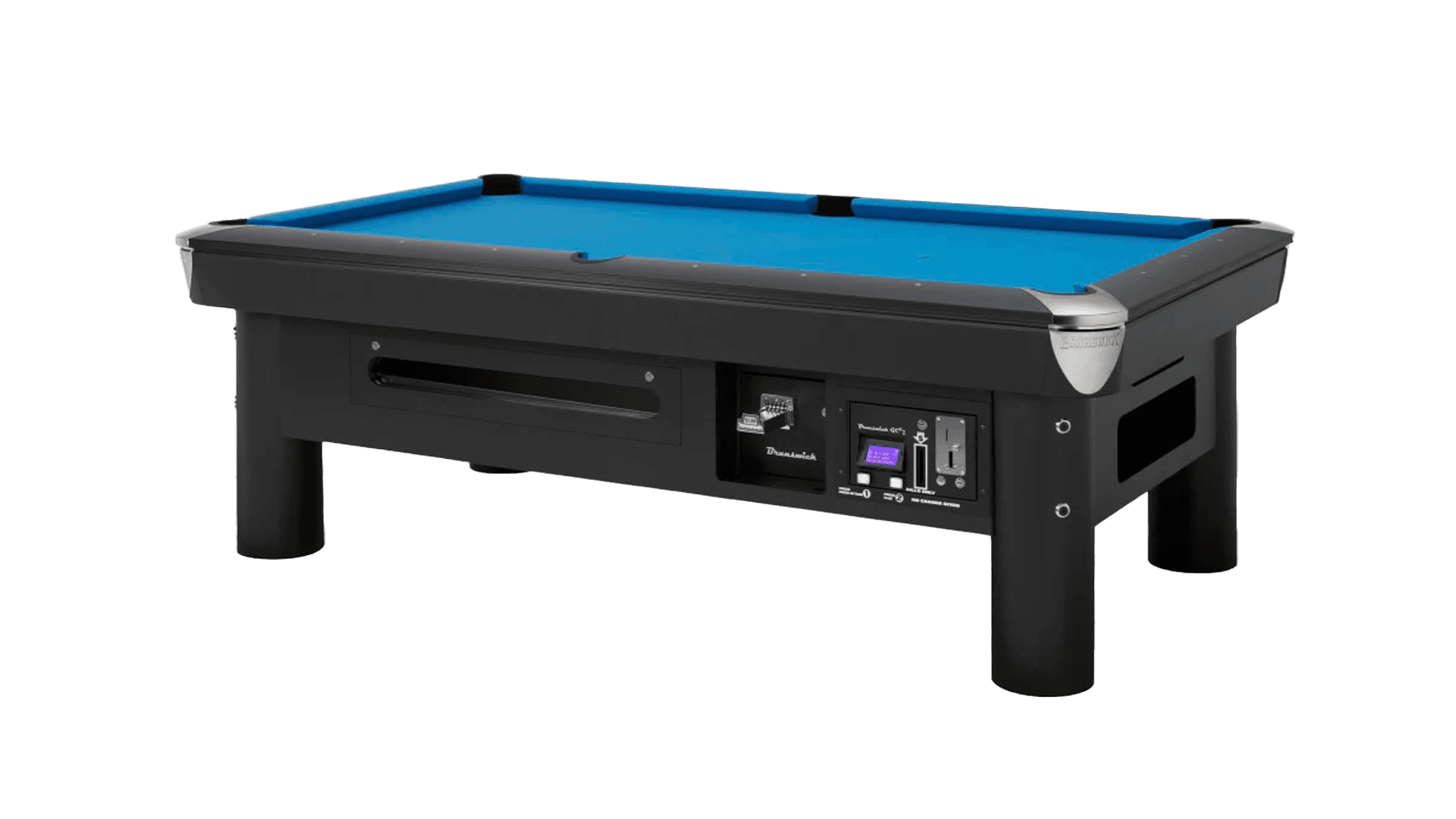 Brunswick Gold Crown 7 ft coin-op pool table with blue cloth and black cabinet