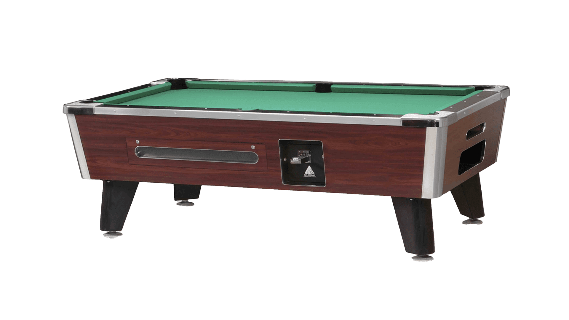 Global Billiards Challenger 7 ft coin-op pool table with green cloth and cherry laminate cabinet