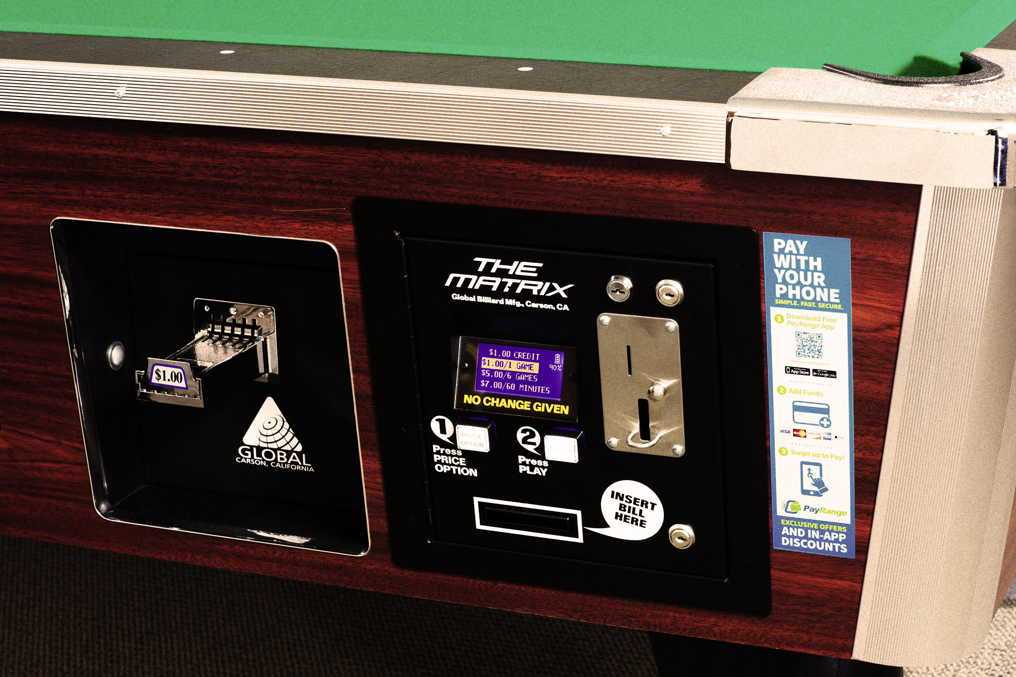 Close-up of a commercial coin and bill acceptor on a 7 ft coin-op pool table