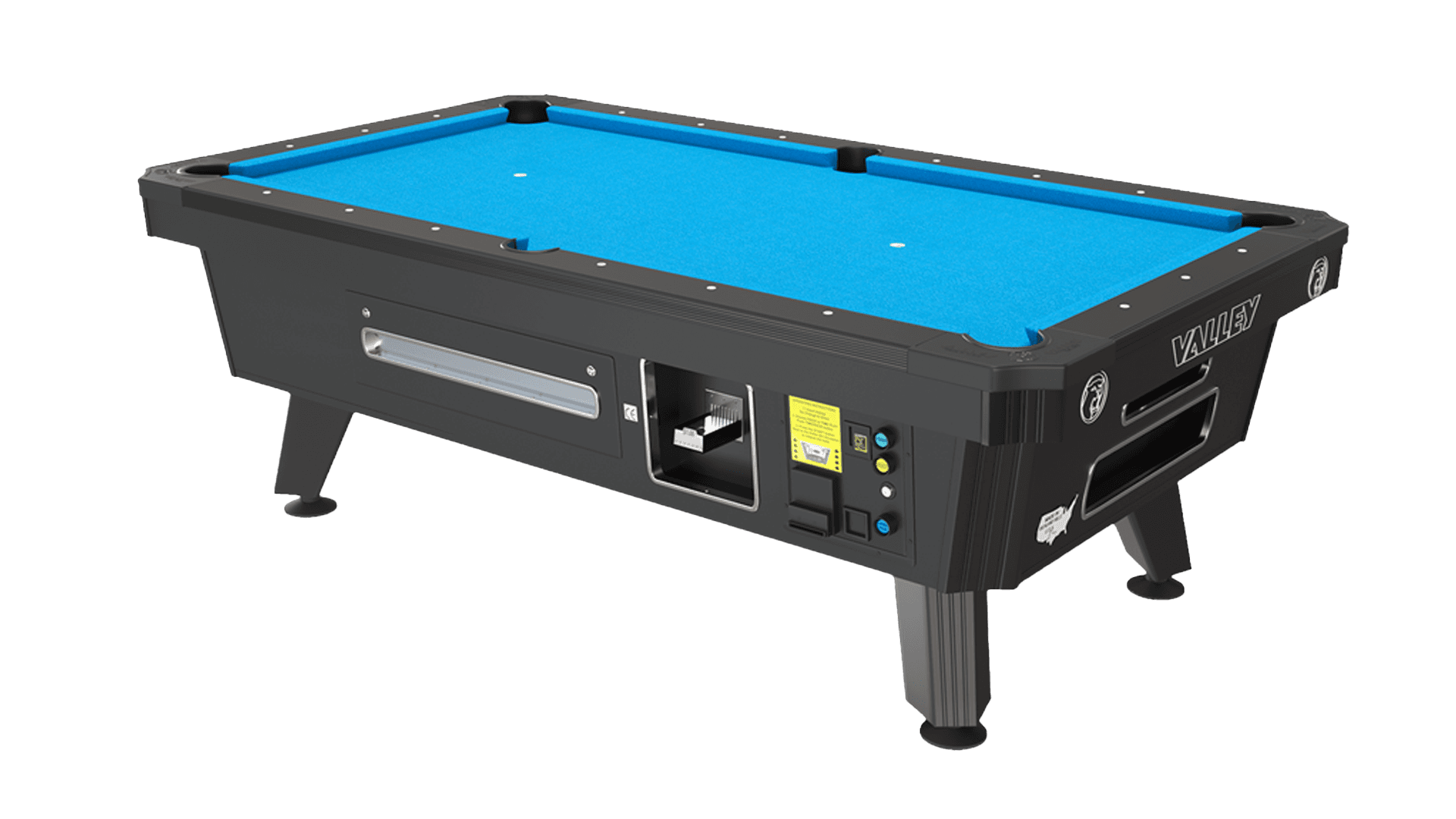 Valley Pro Cat 7 ft coin-operated pool table with blue cloth and black cabinet